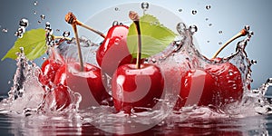 Fresh Ripe Cherry with Splash effect, Juicy and tasty Fruit, Healthy Food