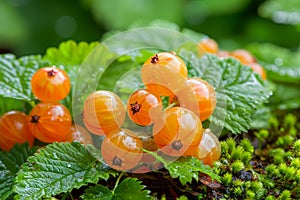 Fresh Ripe Cloudberry Fruit, Close up Detail on Vibrant Green Leaves in Natural Habitat, Dew on Berries