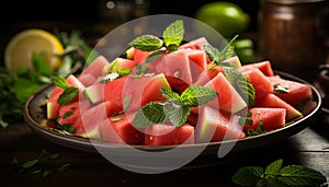 Fresh, ripe fruit salad on a wooden table, perfect summer snack generated by AI