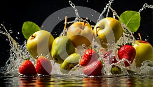 Fresh ripe fruit and strawberry, water drops, splash apple