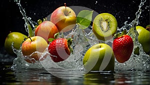 Fresh ripe fruit and strawberry, water drops, splash apple advertising water advertising