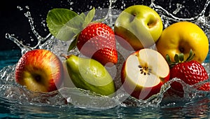 Fresh ripe fruit and strawberry, water drops, splash