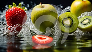 Fresh ripe fruit and strawberry, water drops, splash apple advertising