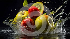 Fresh ripe fruit and strawberry, water drops, splash apple advertising water