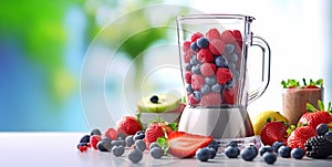 Fresh ripe fruits and berries for healthy breakfast drink with blender mixer on light kitchen table.Macro.AI Generative