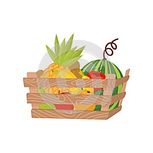 Fresh ripe fruits in wooden crate, healthy lifestyle and diet concept vector Illustration on a white background