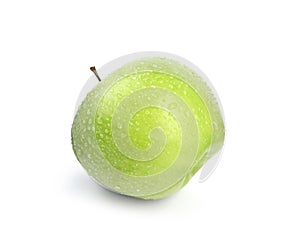 Fresh ripe green apple with water drops on white