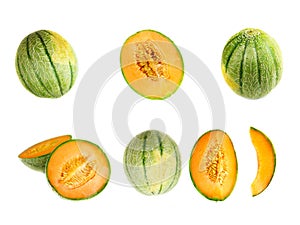 Fresh ripe honeydew, muskmelon, cantaloupe melon, melon half cut set isolated