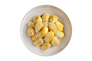 Fresh ripe Jackfruit ready to eat in white plate with isolated o