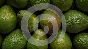 Fresh ripe large avocados with water drops, green avocados background.