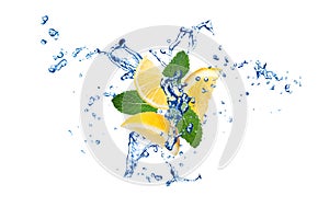 Fresh ripe lemon, mint and splashing water on white background