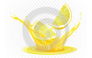 Fresh ripe lemon in a splash of juice, isolated on transparent background. Lemon slices fall into fresh juice, realistic 3d vector