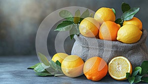Fresh ripe lemons and oranges overflowing from burlap sack on table