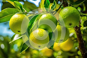 fresh ripe limes on a branch of a lime tree, Generative AI