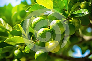 fresh ripe limes on a branch of a lime tree, Generative AI