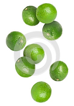 Fresh ripe limes falling on white background