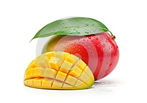 Fresh ripe mango fruit with leaf and sliced half