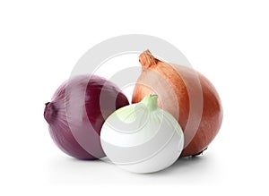 Fresh ripe onions on white background. Organic food