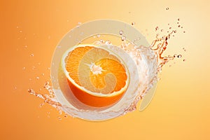 Fresh ripe orange with water splashes isolated on orange background. AI generated