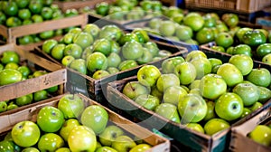 Fresh ripe organic apples in wooden crates at warehouse with blurred background, space for text