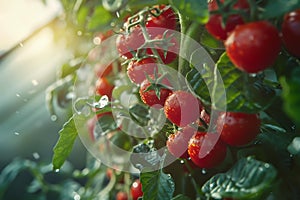 Fresh ripe organic cherry tomatoes growing in the greenhouse