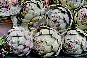 Fresh ripe organic globe artichokes displayed for sale at a street food market