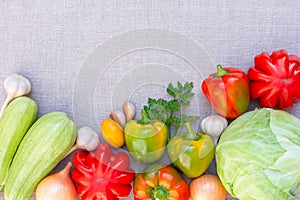 Fresh ripe organic vegetables on linen cloth. Copy space