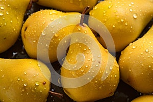 Fresh Ripe Pears with Water Drops Background