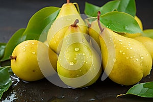 Fresh Ripe Pears with Water Drops Background