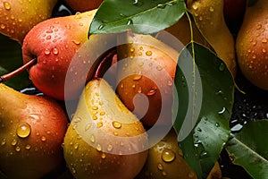 Fresh Ripe Pears with Water Drops Background