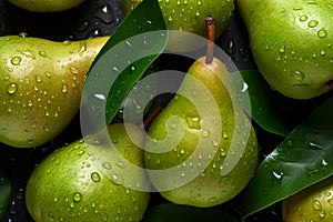 Fresh Ripe Pears with Water Drops Background