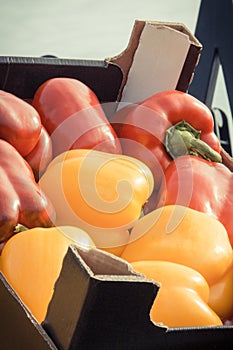 Fresh ripe peppers in box on stall at bazaar