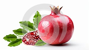 Fresh ripe pomegranate with green leaves isolated on white background. Generative AI