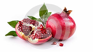 Fresh ripe pomegranate with green leaves isolated on white background. Generative AI
