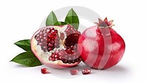 Fresh ripe pomegranate with green leaves isolated on white background. Generative AI