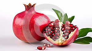 Fresh ripe pomegranate with green leaves isolated on white background. Generative AI