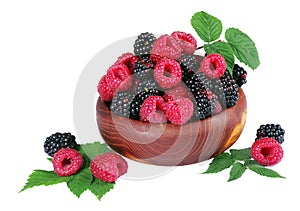 Fresh ripe raspberries and blackberries on a wooden table. summer healthy berries