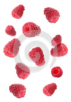 Fresh ripe raspberries falling on background