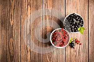 Fresh ripe red black currant berry in white bowls on wooden background. Horizontal frame. View from above.