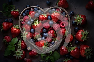 Fresh ripe red and blue sweet delicious appetizing berries, raspberries, blueberries, strawberries in a heart shaped basket