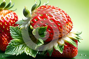 fresh ripe red strawberries on green background