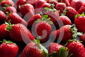 Fresh, ripe red strawberries with green leaves