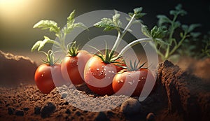 fresh ripe red tomatoes, close-up on the plantation.Generative AI