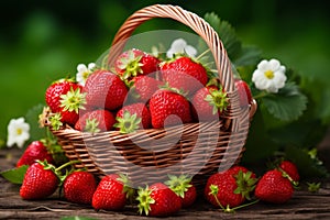Fresh ripe strawberries in basket on green lawn with juicy red berries spilled onto lush grass