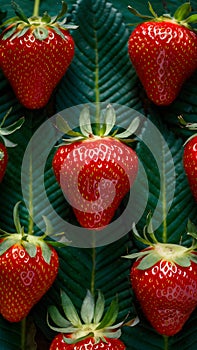 Fresh Ripe Strawberries Close up with Green Leaves, Healthy Food Concept