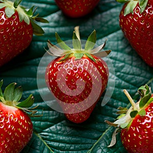 Fresh Ripe Strawberries Close up with Green Leaves, Healthy Food Concept
