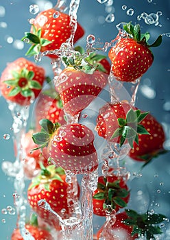 Fresh Ripe Strawberries falling and splashing into chilled water