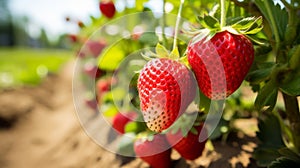 Fresh ripe strawberries on green plants in a field