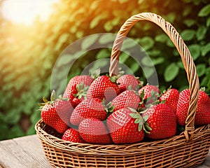 Fresh ripe strawberries in wicker basket.