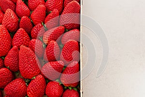 Fresh, ripe strawberries in wooden container with half white background and copy space